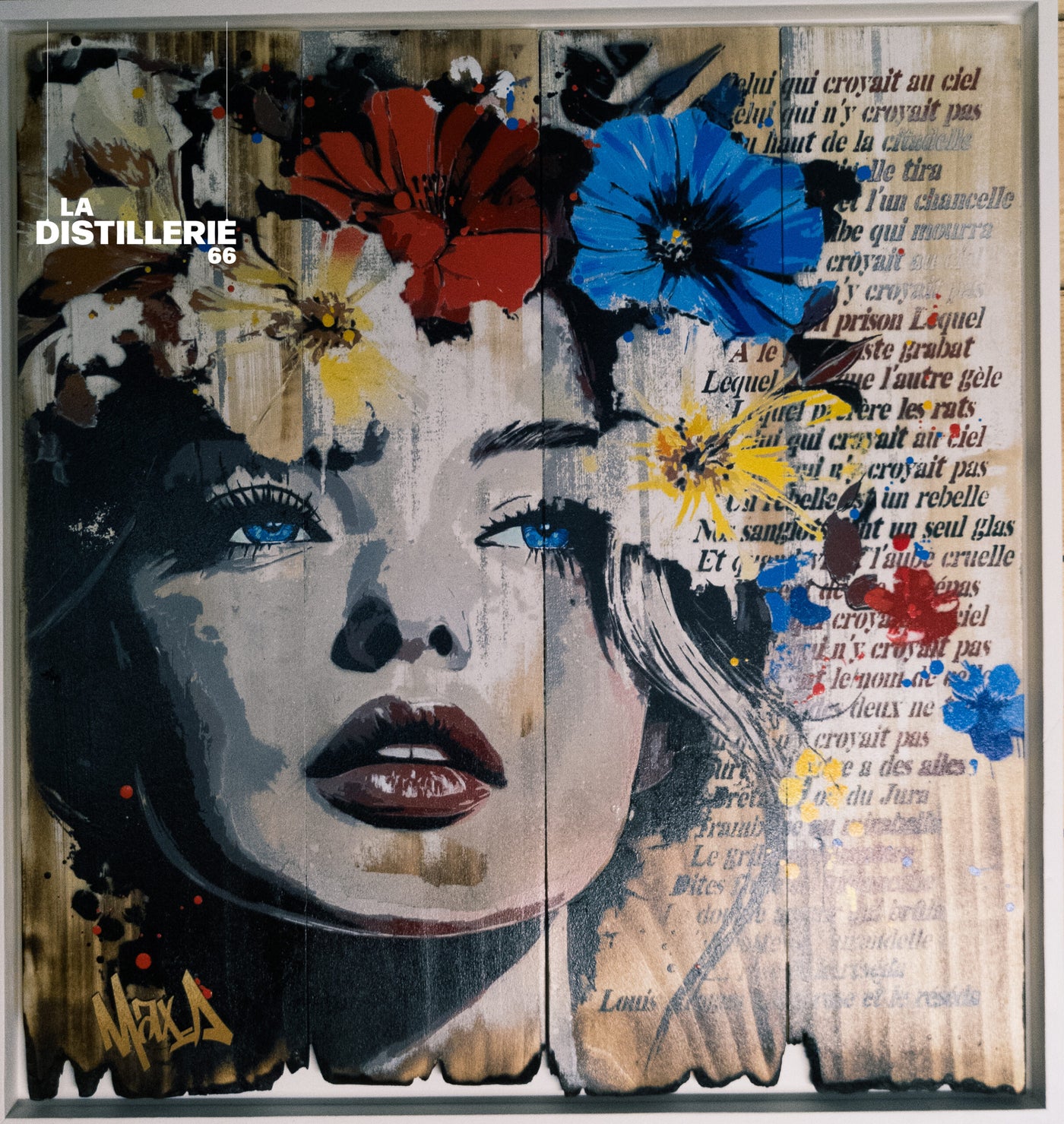Celui qui croyait au ciel — œuvre originale de Maxime Andriot en collage, peinture, transfert et pochoirs sur bois de peuplier