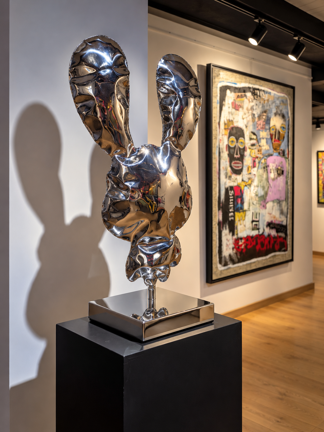 Bunny F2 poli miroir de Kylian Iglésis, sculpture de lapin en métal exposée en galerie