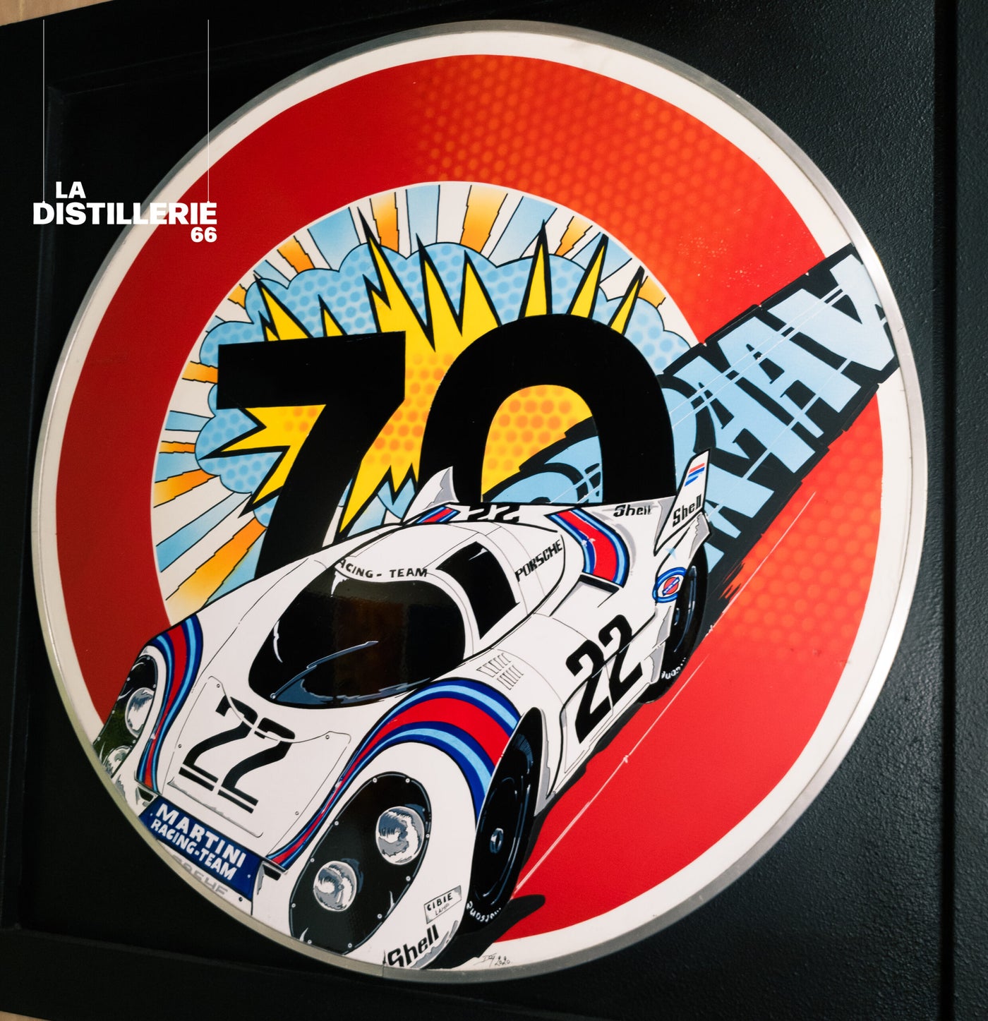 Martini 917 — œuvre originale de Daddy Graff sur panneau signalétique, Porsche 917 Martini Racing