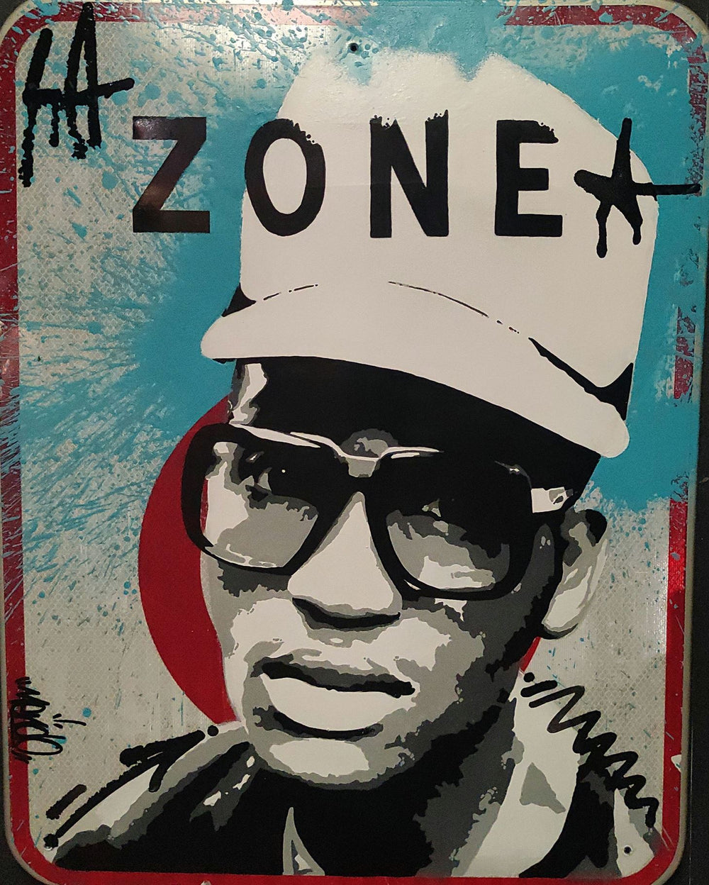 Zone — œuvre originale de Mendo au spray et à l’acrylique sur panneau signalétique réfléchissant