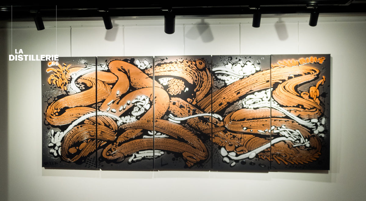 Steve Pitocco — Dragon, œuvre gestuelle au Filing sur cinq toiles
