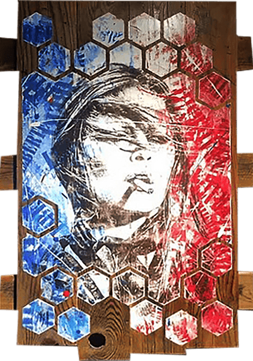 Bardot — œuvre originale de Maxime Andriot sur lames de bois, collage, peinture, transfert et pochoirs