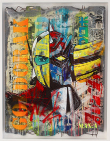 Goldorak vs Actarus #1 — œuvre originale de Maxime Andriot sur imitation béton, collage et peinture