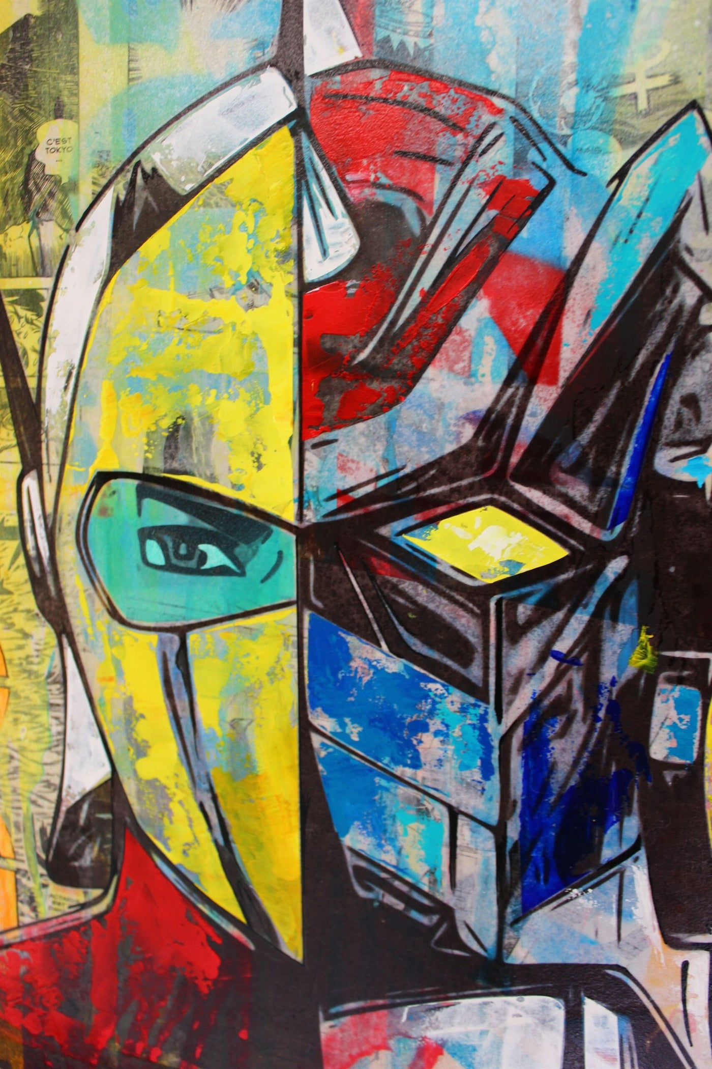 Goldorak vs Actarus #1 — création de Maxime Andriot entre Pop Art, collage et support texturé