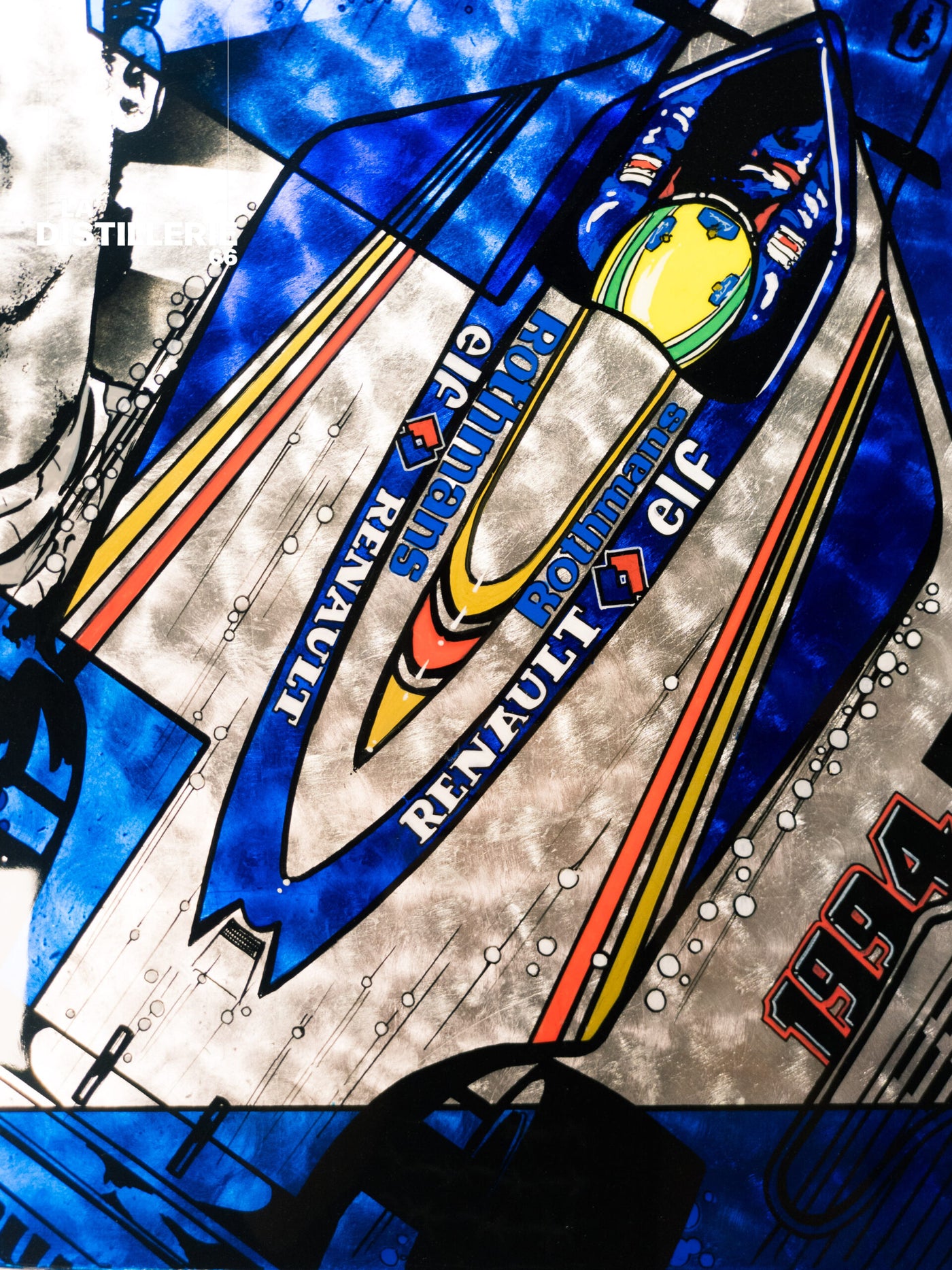 Œuvre Ayrton par Daddy Graff — panneau routier détourné, aérographie et feuille d’argent