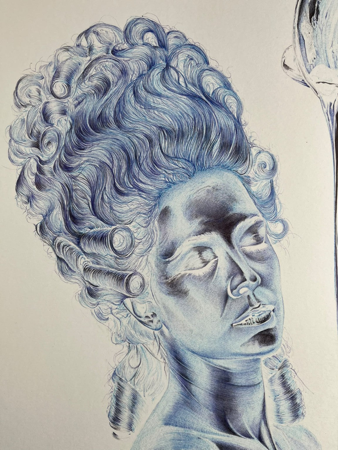 Le Bol Sein — BEUS — détail du visage et de la coiffure au stylo Bic