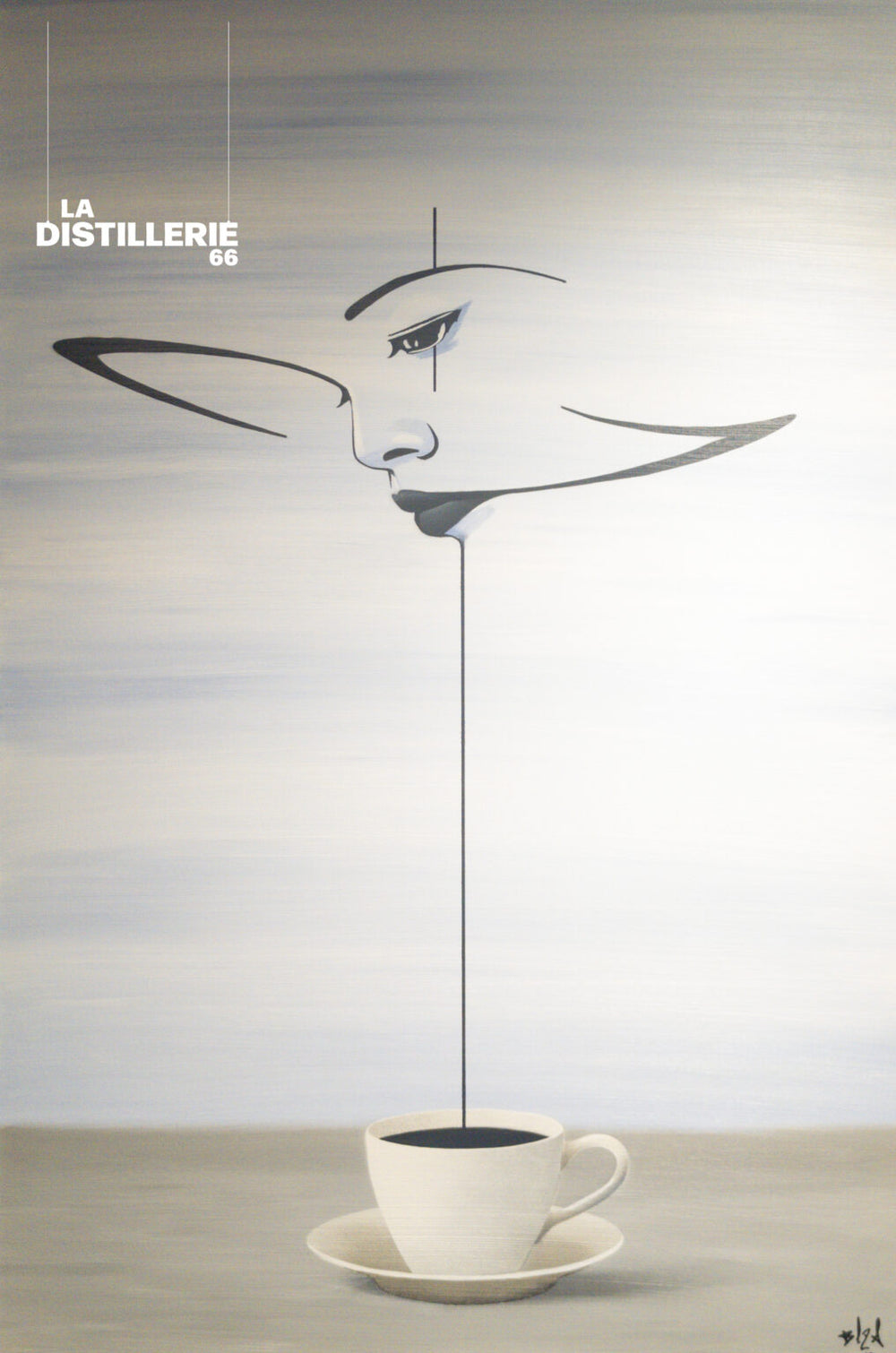 Solo en el Café — BL2A — vue de face, visage stylisé relié à une tasse
