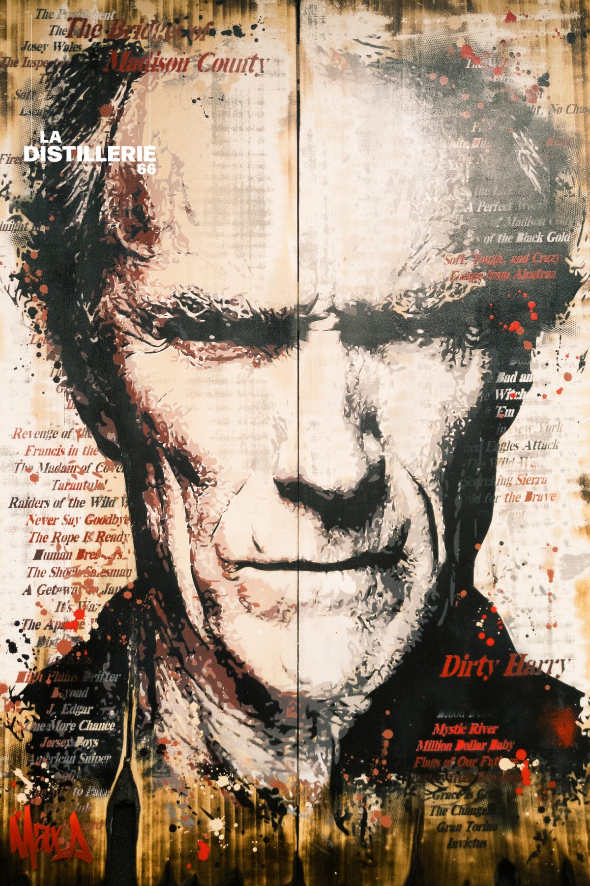 Clint — œuvre originale de Maxime Andriot en collage, peinture, transfert et pochoirs sur bois de peuplier