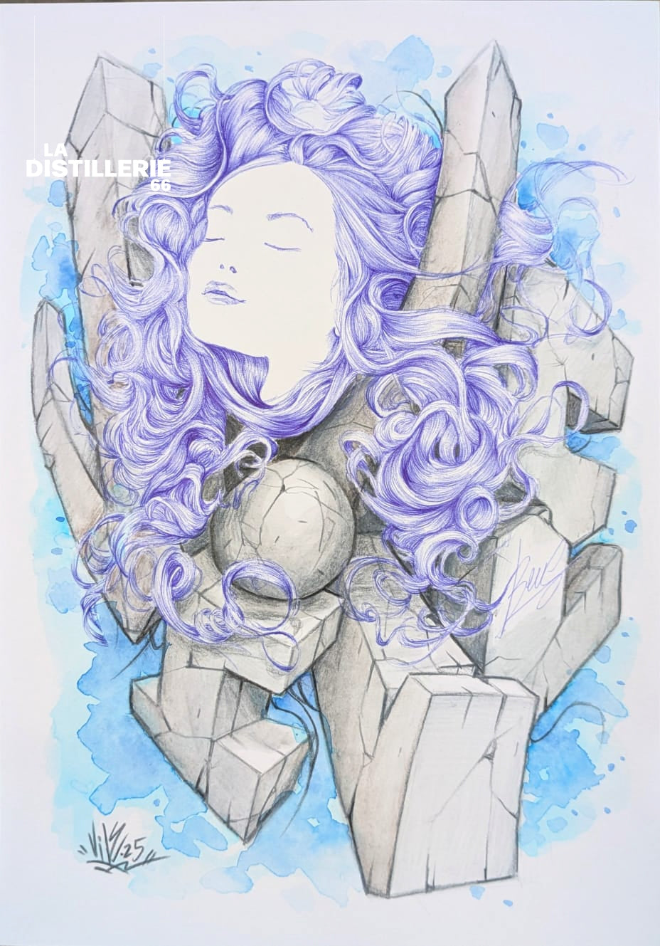 Entre ruinas y sonhos — œuvre originale en collaboration Beus × Vile, stylo Bic et aquarelle