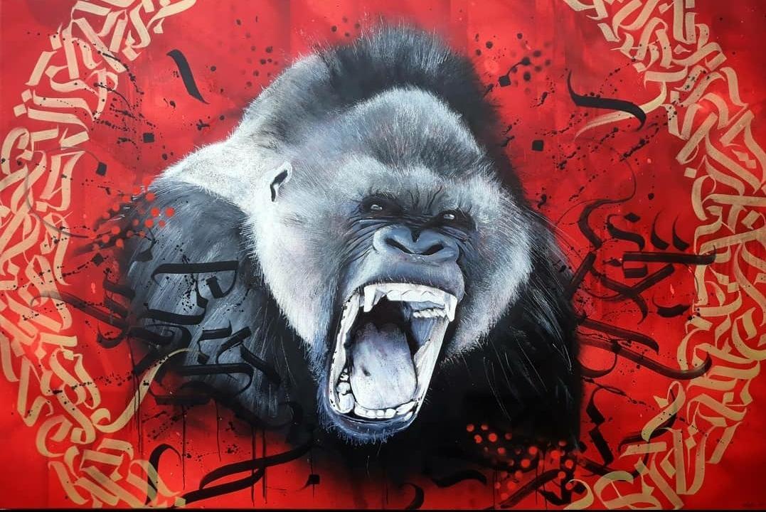 Angry Gorilla — œuvre originale de Katz au spray et à l’acrylique sur toile, street art animalier