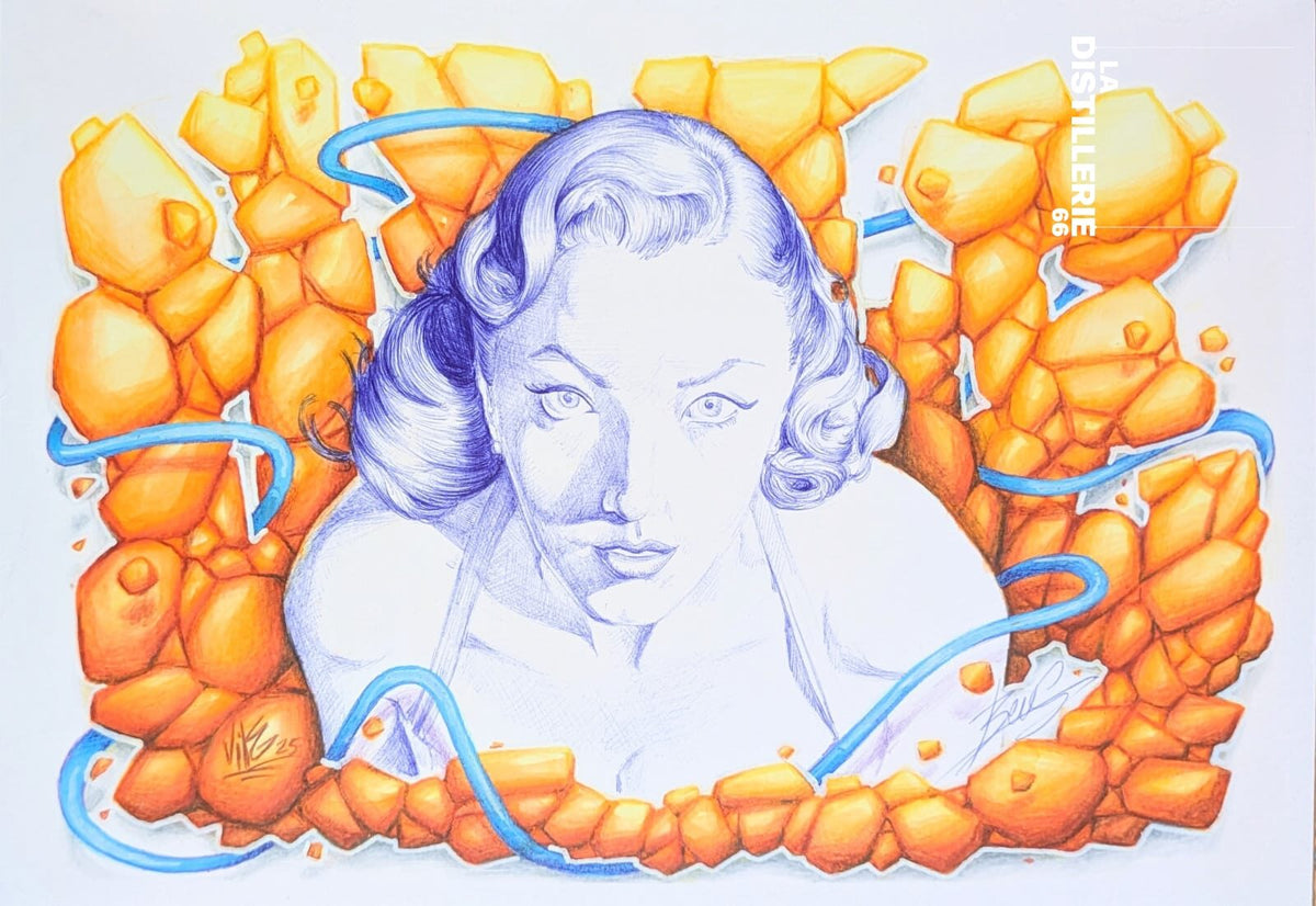 look at me — œuvre originale en collaboration Beus × Vile, stylo Bic et aquarelle