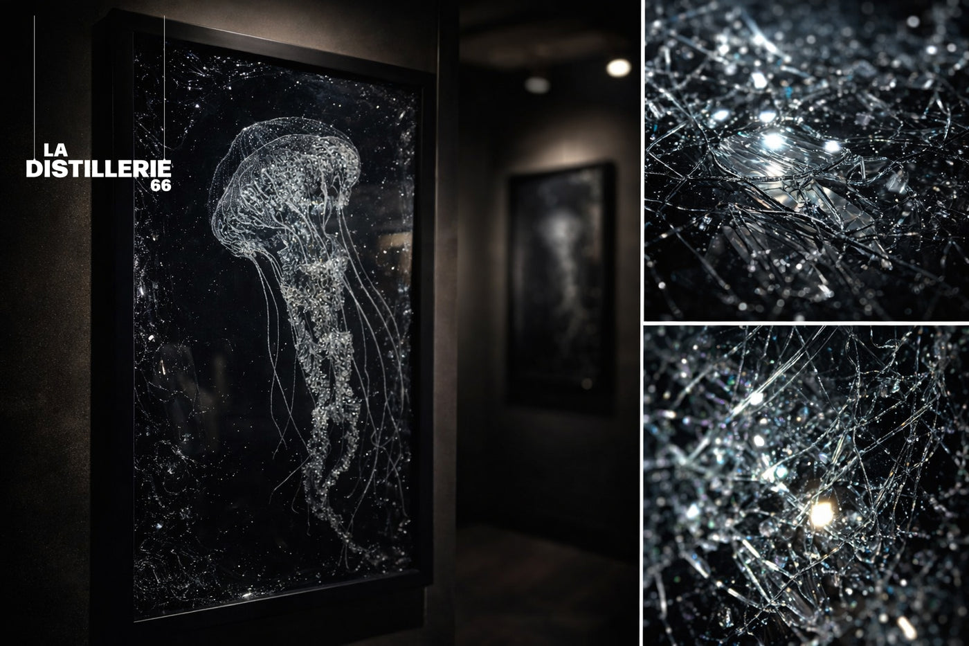 Méduse de Méta — tableau sculpture en verre fracturé et travaillé