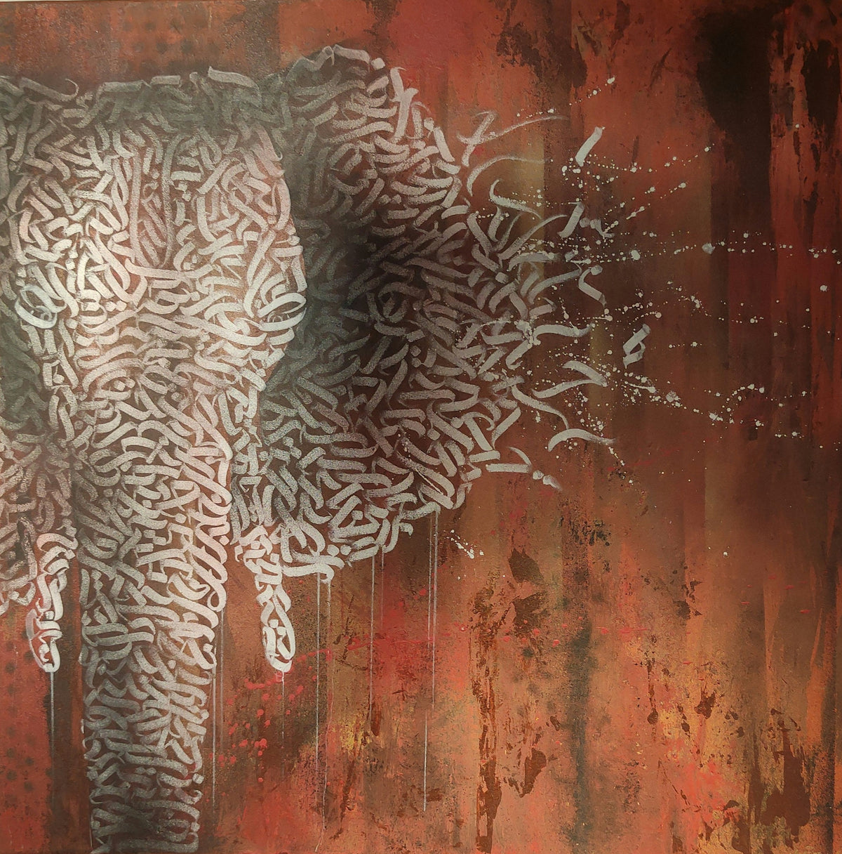 Œuvre Elephant par Katz — spray, acrylique, calligraphie et figure d’éléphant