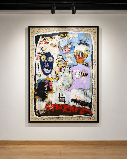 Thierry Clamens, Casting (2023), grande peinture aux deux personnages, tableau encadré vu de face