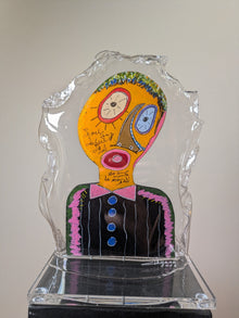 Thierry Clamens, L’écoute (2026), sculpture, face avant, portrait orange et contour transparent