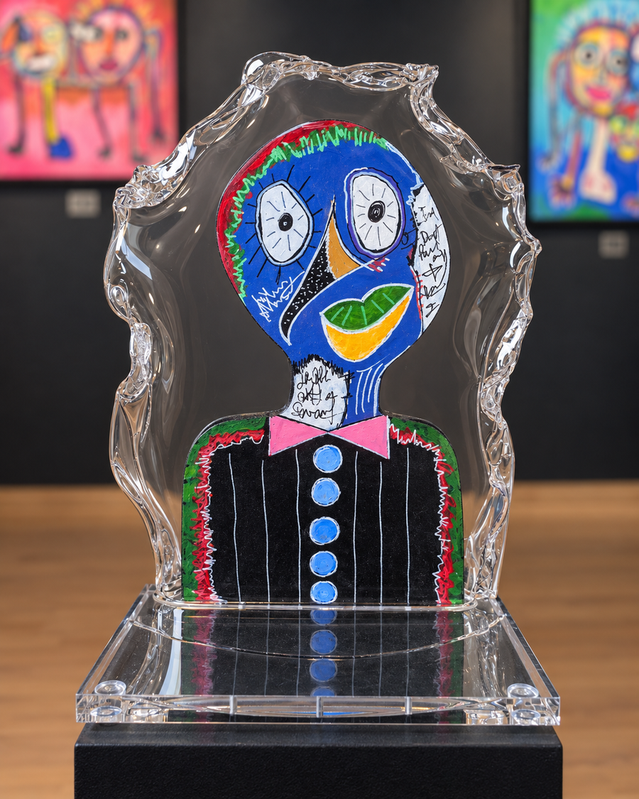 Thierry Clamens, L’Écoute (2026), sculpture aux deux visages peints sous plexiglas, portrait bleu de face