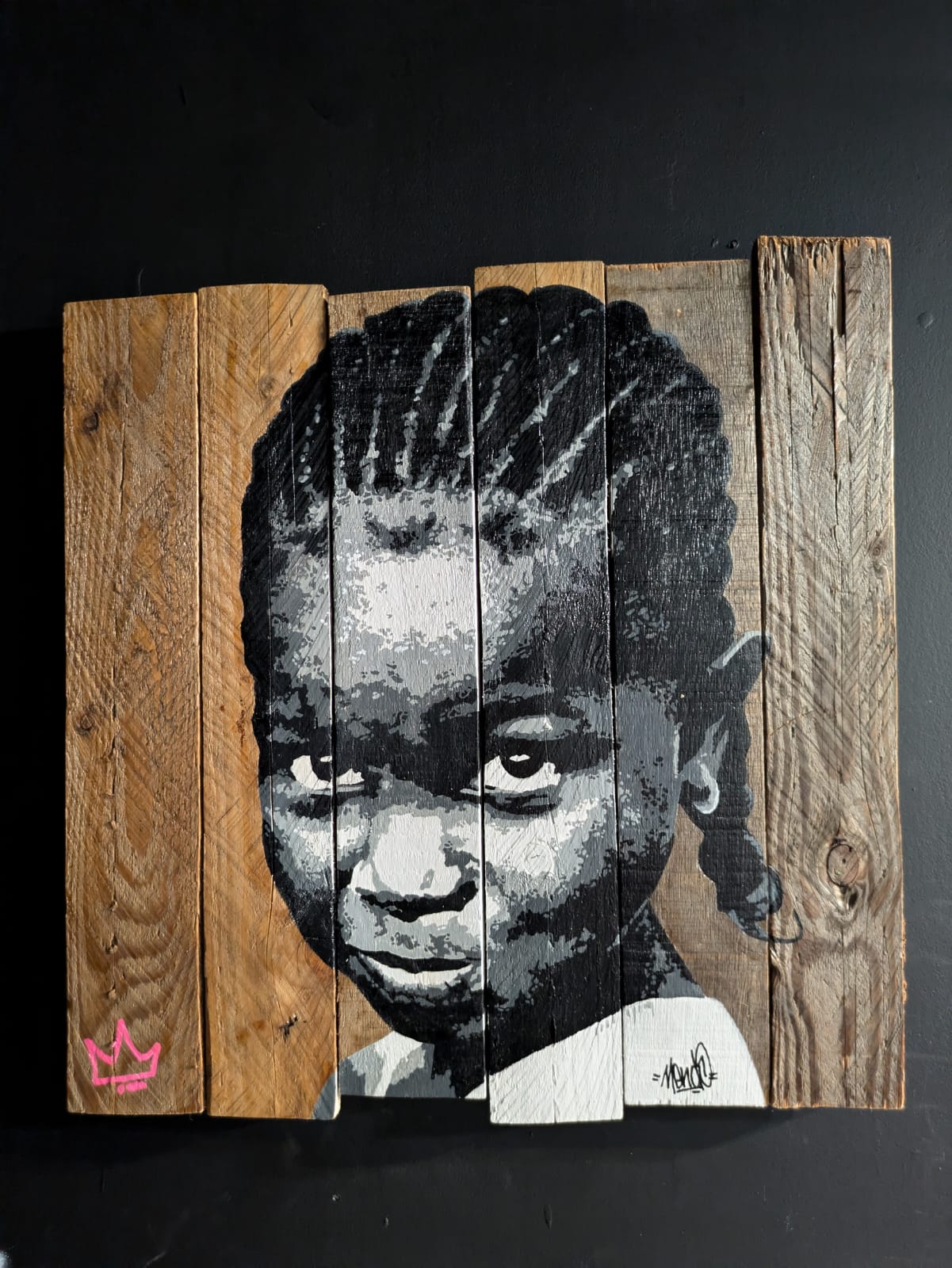 Power — œuvre originale de Mendo au spray et à l’acrylique sur lames de bois